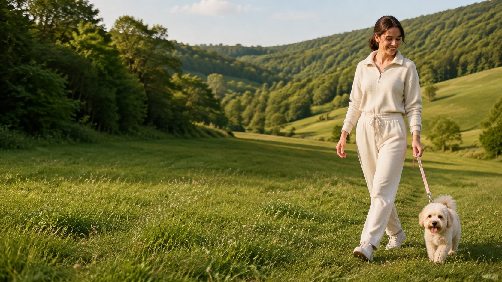 Young woman walking her small dog through a green meadow on an Underline Pet outdoor adventure